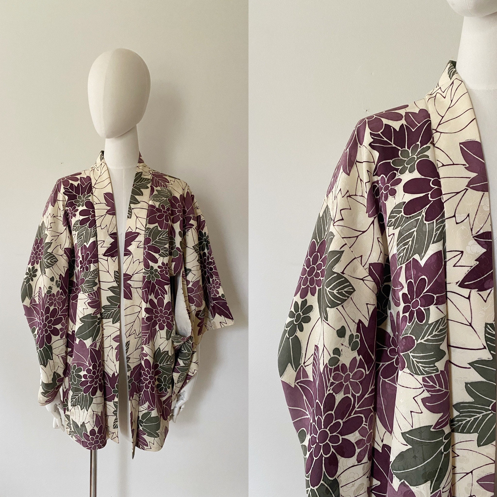 vintage zwarte bloemen zijde haori kimono jas 60s Kleding Gender-neutrale kleding volwassenen Pyjamas & Badjassen Jurken 