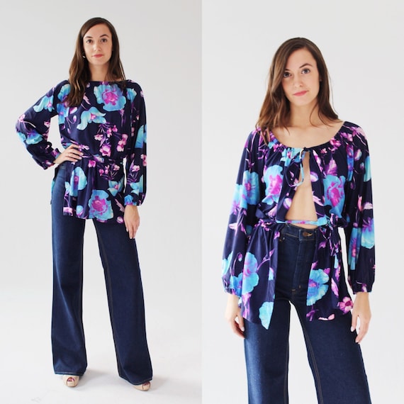 Neon Floral Peekaboo Blouse- 70s Vintage Top, Poe… - image 1