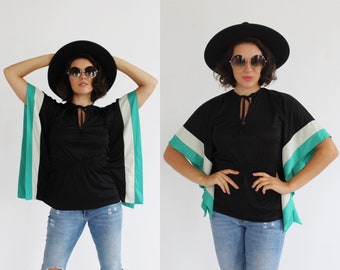 70s Green Striped Poncho Top- M, Vintage Boho White Black Butterfly Sleeve Shirt 3
