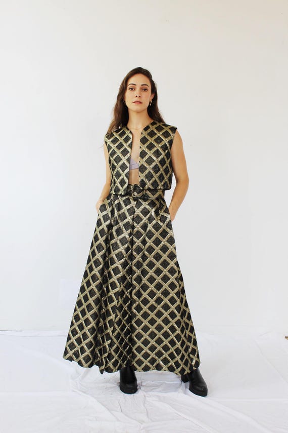 METALLIC GOLD ENSEMBLE- 1970s Maxi Skirt Pockets, Vest Two Piece Palm Royale Hostess True Vintage