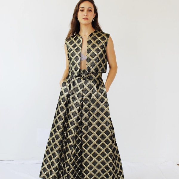 METALLIC GOLD ENSEMBLE- 1970s Maxi Skirt Pockets, Vest Two Piece Palm Royale Hostess True Vintage