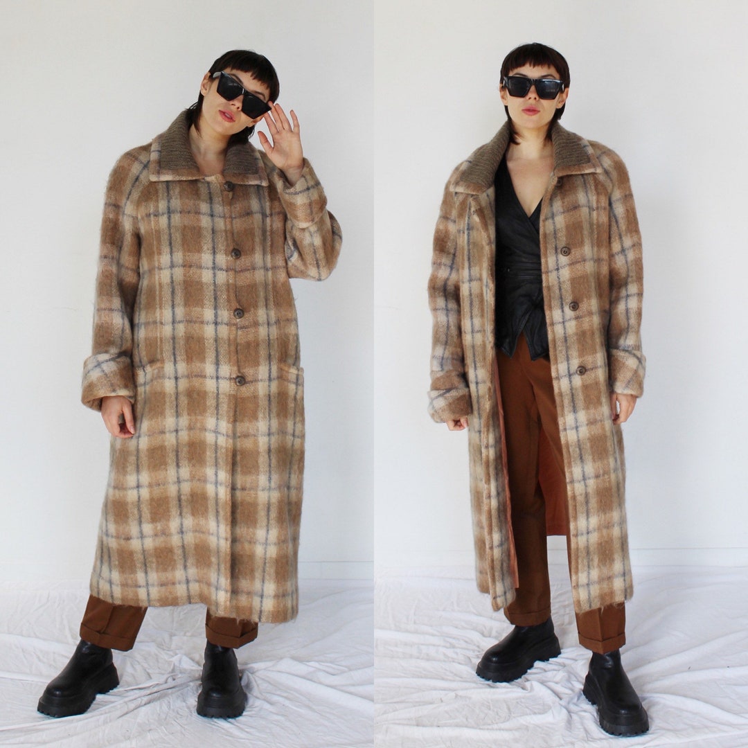 FUZZY MOHAIR PLAID Coat L Tartan Taupe Beige Oversized Etsy