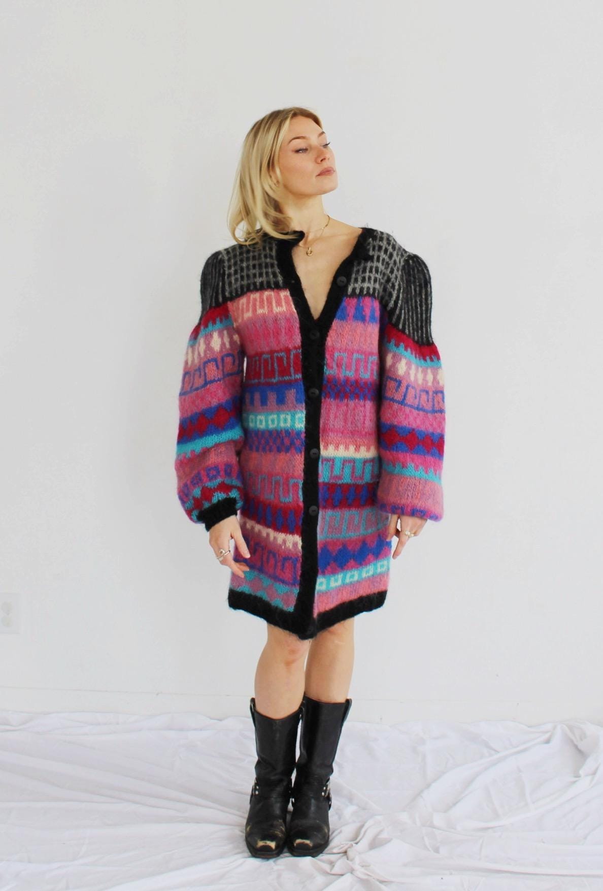 MULTICOLOR MOHAIR CARDIGAN- Vintage Sweater Dress Fuzzy
