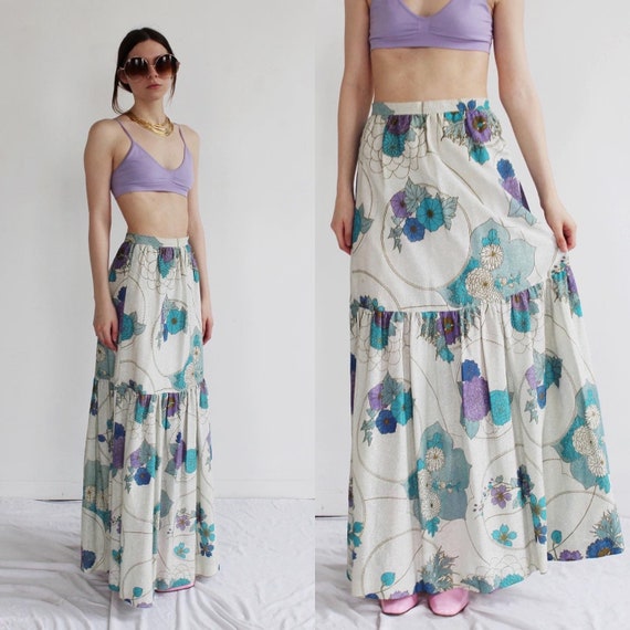 Buy SHAHEEN HAWAIIAN SKIRT Metallic Shimmer Floral Maxi 26 Vintage Hawaii Tropical Disco Tiered High Waist C Online in India Etsy