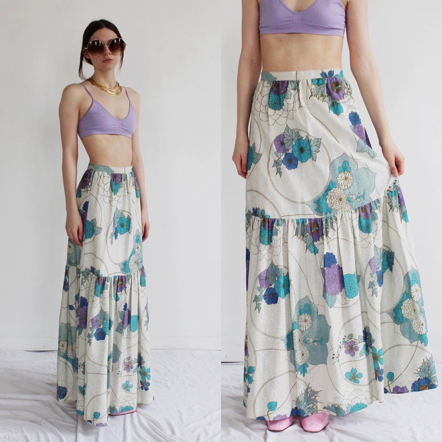 テイラード・イン・シルク[+6] Hula Long circular skirt with Hibiscus & Tiare/ Luxury