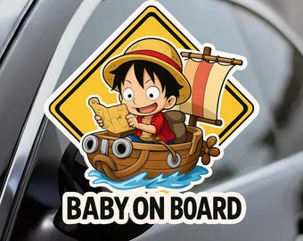 Luffy One Piece BABY ON BOARD Vinyl Sticker - Waterproof Anime Decal for Car,  Straw Hat Pirate Gift, New Parent Gift, Fun Anime, Safety