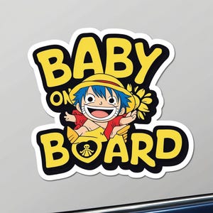 Luffy One Piece BABY ON BOARD Naklejka winylowa - Wodoodporna naklejka anime na samochód, prezent dla pirata ze słomy, prezent dla nowego rodzica, zabawne anime, bezpieczeństwo