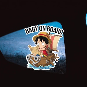 Luffy One Piece BABY ON BOARD Naklejka winylowa - Wodoodporna naklejka anime na samochód, prezent dla pirata ze słomy, prezent dla nowego rodzica, zabawne anime, bezpieczeństwo