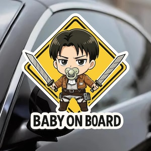 Naklejka LEVI Attack on Titan BABY On BOARD - Naklejka samochodowa, uroczy winyl, odporna na warunki atmosferyczne, nowi rodzice, okno samochodu, baby shower, uroczy wzór