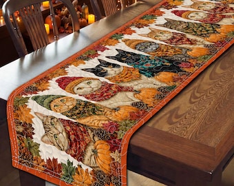 Personalized Halloween Cat Table Runner, Fall Cat Table Decor, Cat Autumn Quilted Table Runner, Farmhouse Thanksgiving Dining Table Decor