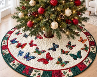 Gonna per albero di Natale trapuntata con farfalle danzanti, tappeto per albero con patchwork di farfalle colorate, decorazione natalizia in stile rustico vintage, gonna natalizia floreale