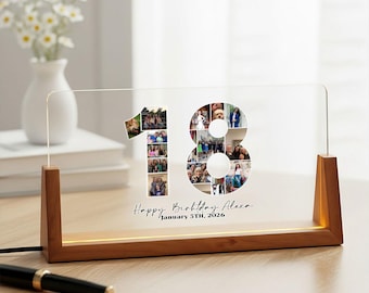 18th Birthday Photo Collage Night Light, Personalized 18th Birthday Gift for Her, for Him, Number 18 Collage Acrylic Plaque, Family Gift