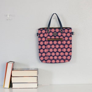 Navy and Pink Floral Tote Bag - Redwood Tote - Crossbody Tote Purse - Unruly Nature Navy