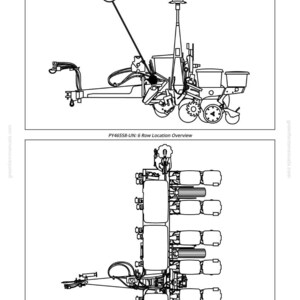 May include: Black and white line drawing of a 6-row agricultural planter, with detailed mechanical components. The image includes a top-down view and a side view, labeled "PY46558-UN: 6 Row Location Overview."