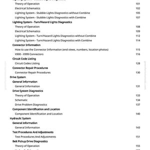 May include: A manual page featuring a table of contents. Topics include "Lighting System", "Connector Information", and "Drive System Diagnostics". Page numbers are displayed on the right-hand side.