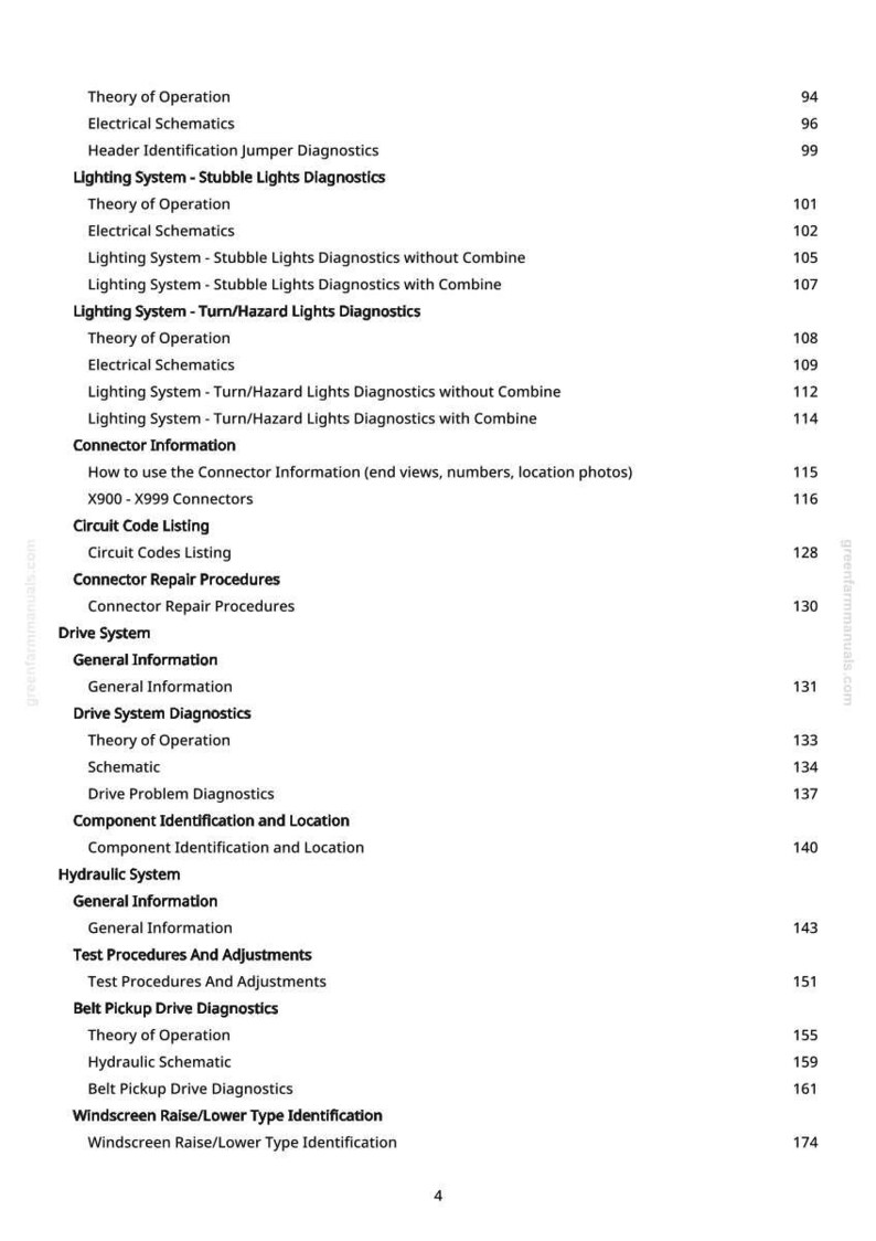 May include: A manual page featuring a table of contents. Topics include "Lighting System", "Connector Information", and "Drive System Diagnostics". Page numbers are displayed on the right-hand side.