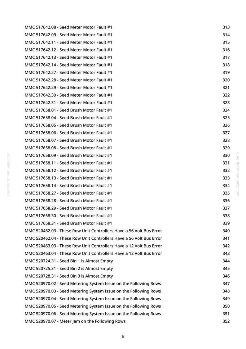 May include: A page from a manual with a list of error codes and descriptions related to a seed meter motor, brush motor, and row unit controllers. The text includes fault numbers and descriptions.
