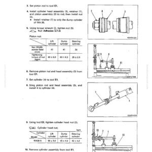 May include: Diagram of hydraulic cylinder disassembly and assembly instructions. Includes illustrations of tools, nuts, and cylinder components. Text includes instructions for setting piston rods, installing assemblies, and tightening nuts. Measurements are in millimeters and kilograms.