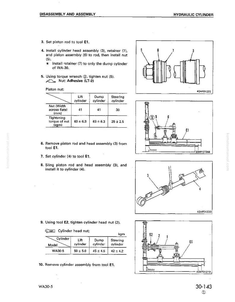 May include: Diagram of hydraulic cylinder disassembly and assembly instructions. Includes illustrations of tools, nuts, and cylinder components. Text includes instructions for setting piston rods, installing assemblies, and tightening nuts. Measurements are in millimeters and kilograms.