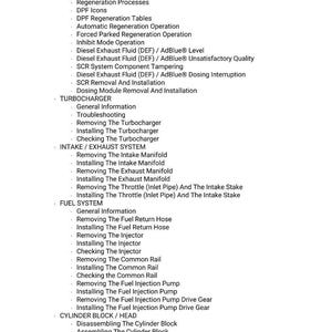 May include: A detailed list of automotive repair procedures, including diesel oxidation catalyst, aftertreatment system, turbocharger, intake/exhaust system, fuel system, and cylinder block/head components. The text is in black font on a white background.
