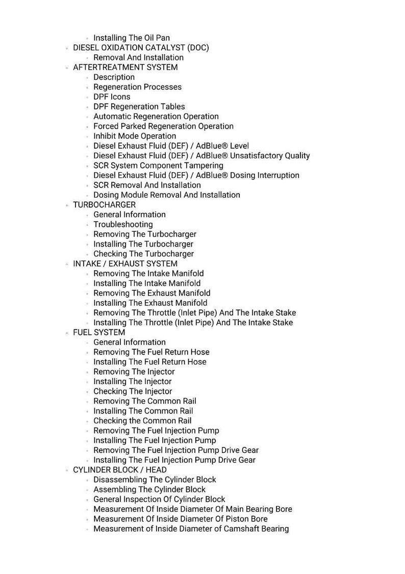 May include: A detailed list of automotive repair procedures, including diesel oxidation catalyst, aftertreatment system, turbocharger, intake/exhaust system, fuel system, and cylinder block/head components. The text is in black font on a white background.