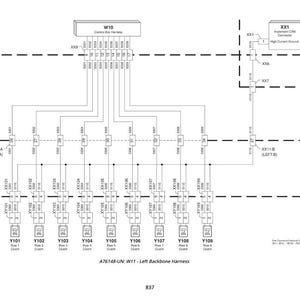 Puede incluir: Diagrama de un sistema el&eacute;ctrico con componentes etiquetados, incluyendo el arn&eacute;s de la caja de control y el arn&eacute;s de la columna vertebral izquierda. El diagrama utiliza l&iacute;neas y cuadros para representar el cableado y las conexiones, con etiquetas de texto.