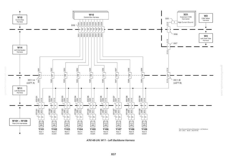 Puede incluir: Diagrama de un sistema el&eacute;ctrico con componentes etiquetados, incluyendo el arn&eacute;s de la caja de control y el arn&eacute;s de la columna vertebral izquierda. El diagrama utiliza l&iacute;neas y cuadros para representar el cableado y las conexiones, con etiquetas de texto.