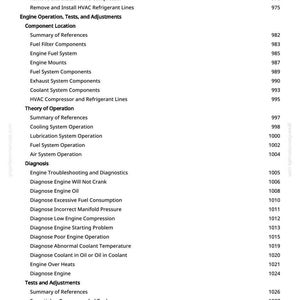 May include: A page from a manual with a table of contents. The text includes sections on engine operation, diagnosis, and tests. The page number is 9.