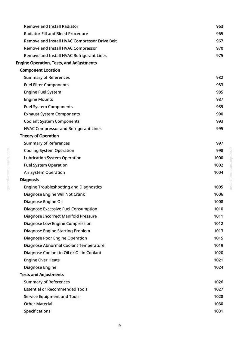 May include: A page from a manual with a table of contents. The text includes sections on engine operation, diagnosis, and tests. The page number is 9.