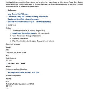 May include: A white document with black text detailing troubleshooting steps for a reverse drive lever. The document includes sections on verifying codes and electrical circuit checks, with results and actions listed.
