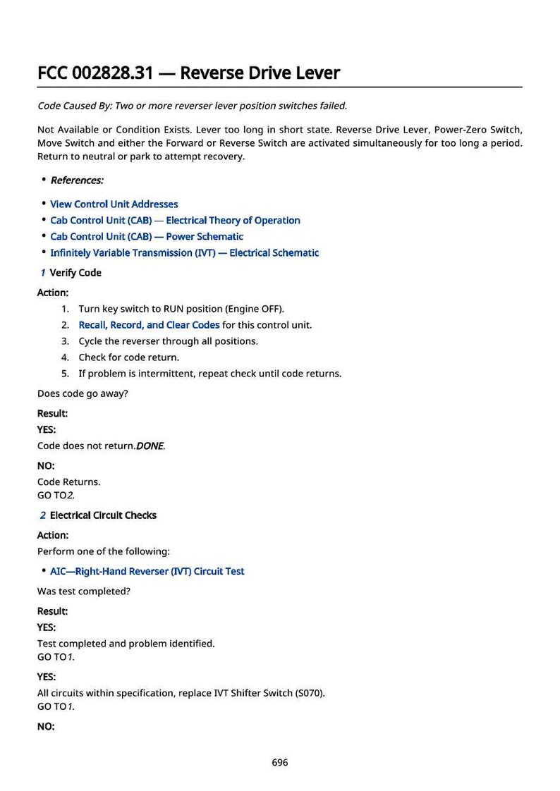 May include: A white document with black text detailing troubleshooting steps for a reverse drive lever. The document includes sections on verifying codes and electrical circuit checks, with results and actions listed.