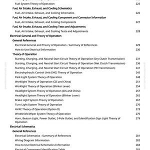 May include: A white printed page from a manual with a table of contents. The text includes topics like "Fuel and Air Theory of Operation" and "Electrical Schematics". Page numbers are listed on the right.