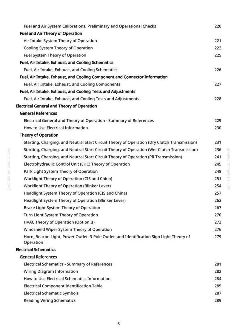 May include: A white printed page from a manual with a table of contents. The text includes topics like "Fuel and Air Theory of Operation" and "Electrical Schematics". Page numbers are listed on the right.