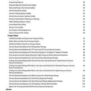 May include: A manual page with a table of contents. It lists safety procedures, torque values, and service recommendations for mechanical components. The page number is 3.