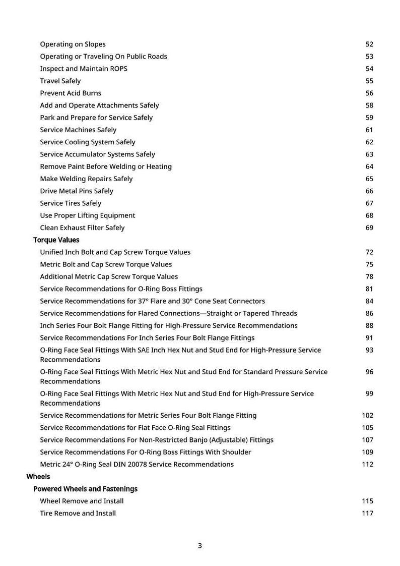 May include: A manual page with a table of contents. It lists safety procedures, torque values, and service recommendations for mechanical components. The page number is 3.