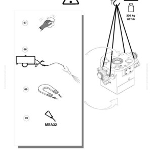 May include: Diagram of a mechanical component being lifted with a crane, with a weight of 681 lb. Additional diagrams show cleaning, a cart with a hose, a magnet, and a tool labeled MSA32. The document is labeled JMHB460H.