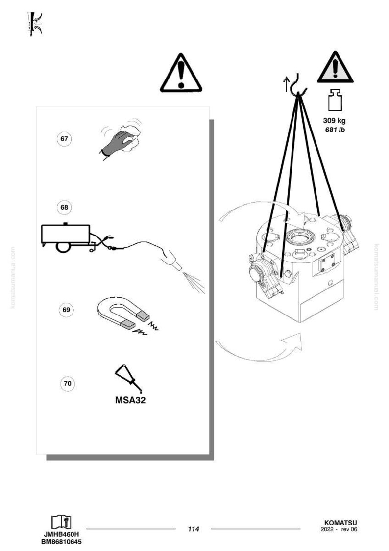 May include: Diagram of a mechanical component being lifted with a crane, with a weight of 681 lb. Additional diagrams show cleaning, a cart with a hose, a magnet, and a tool labeled MSA32. The document is labeled JMHB460H.