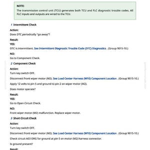 May include: A page from a repair manual detailing troubleshooting steps for a front wiper motor circuit. The text includes instructions for intermittent and component checks, with diagrams and connector locations.