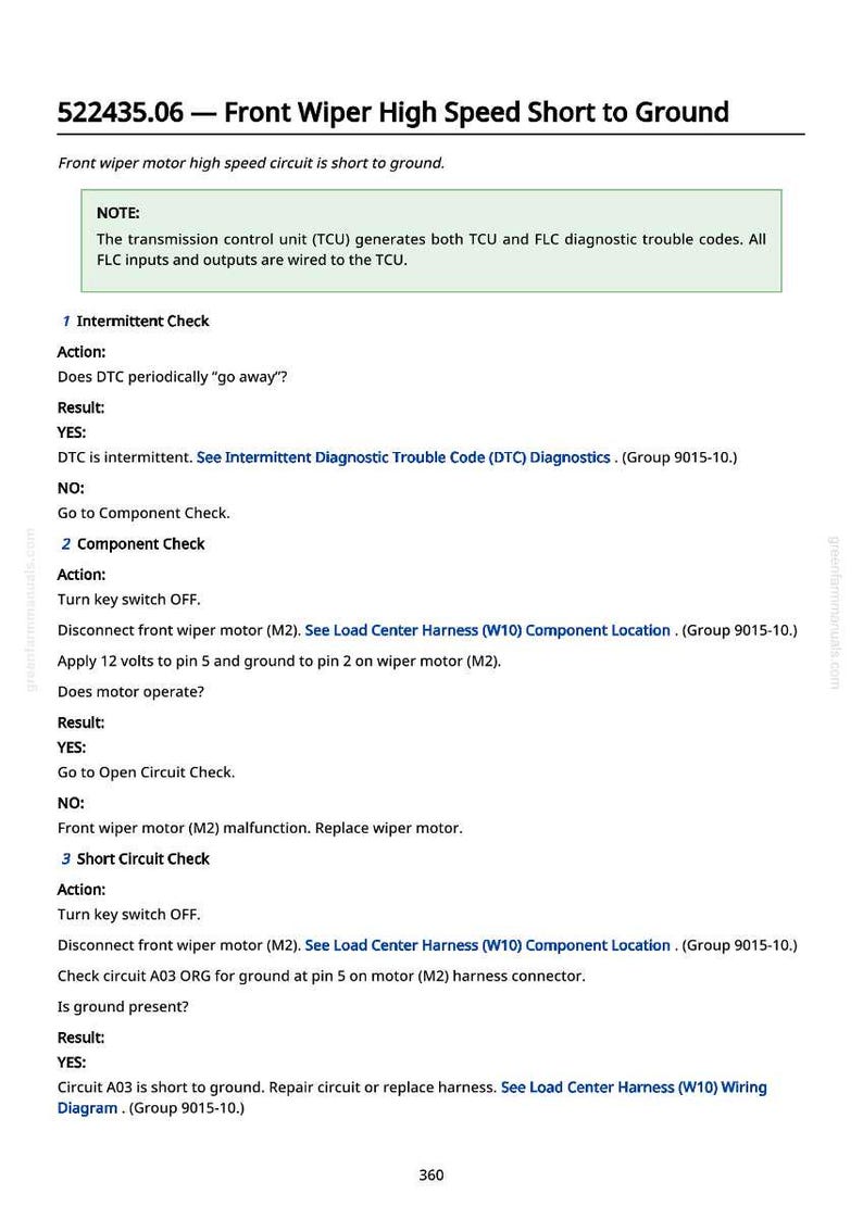 May include: A page from a repair manual detailing troubleshooting steps for a front wiper motor circuit. The text includes instructions for intermittent and component checks, with diagrams and connector locations.