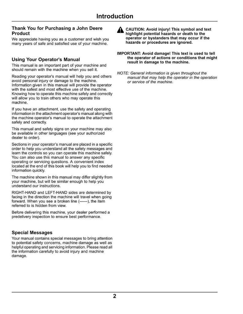 May include: A page from a John Deere operator's manual with the title "Introduction." The text includes safety warnings, instructions for use, and special messages. The page is white with black text and a green John Deere logo.