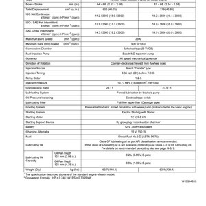 May include: A detailed specifications sheet for the D662-E2B and D722-E2B engine models. The sheet includes technical data such as bore and stroke measurements in inches, displacement, power output, and fuel specifications. The document also lists the engine's weight in pounds.
