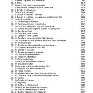 May include: A French table of contents, "TABLE DES MATI&Egrave;RES", details engine intervention procedures. It covers engine components, cooling systems, and fuel systems, with page numbers. Measurements are in metric units.