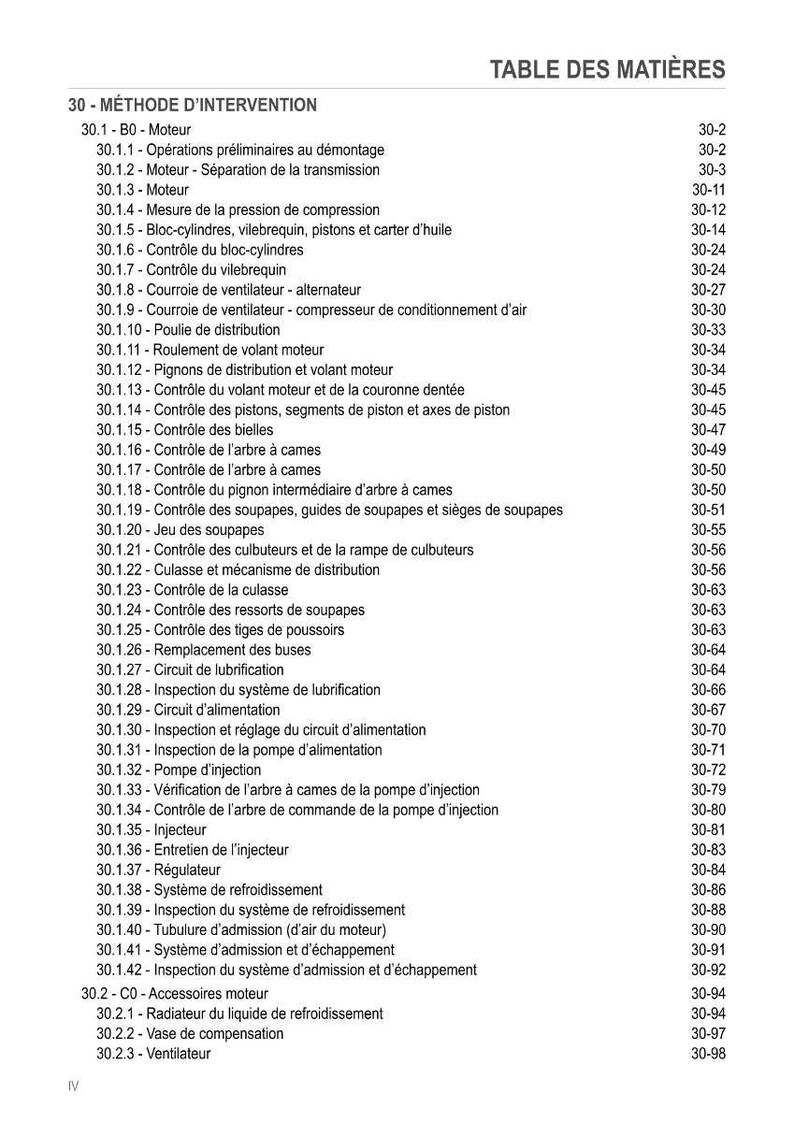 May include: A French table of contents, "TABLE DES MATI&Egrave;RES", details engine intervention procedures. It covers engine components, cooling systems, and fuel systems, with page numbers. Measurements are in metric units.