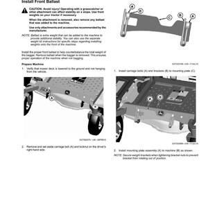 May include: Diagram of lawnmower installation instructions. Text includes "Installing," "Install Front Ballast," and safety warnings. Images show parts and steps for attaching a weight kit to a lawnmower.