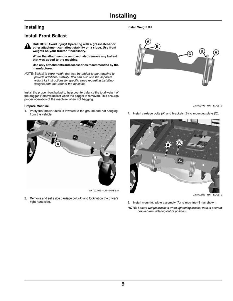 May include: Diagram of lawnmower installation instructions. Text includes "Installing," "Install Front Ballast," and safety warnings. Images show parts and steps for attaching a weight kit to a lawnmower.