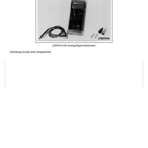 May include: An analog/digital multimeter, model JT05791A, with black and grey casing, is shown with its probes and connectors. The image includes the text "Checking circuits and components."