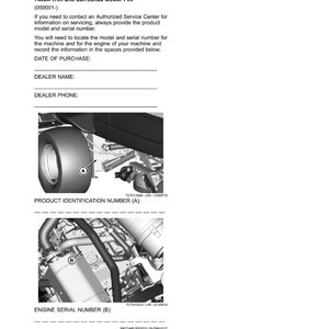 May include: A product identification document with sections for recording mower model and serial numbers. Includes images of mower components and spaces for dealer information. The document is titled "Product Identification".
