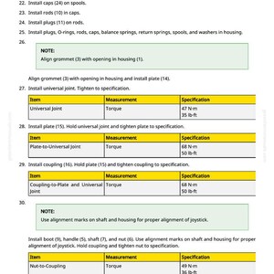 May include: A detailed technical document with numbered instructions and specifications for mechanical assembly. Includes torque measurements in lb-ft and N-m for various components like universal joints and couplings. The document also features notes and diagrams.