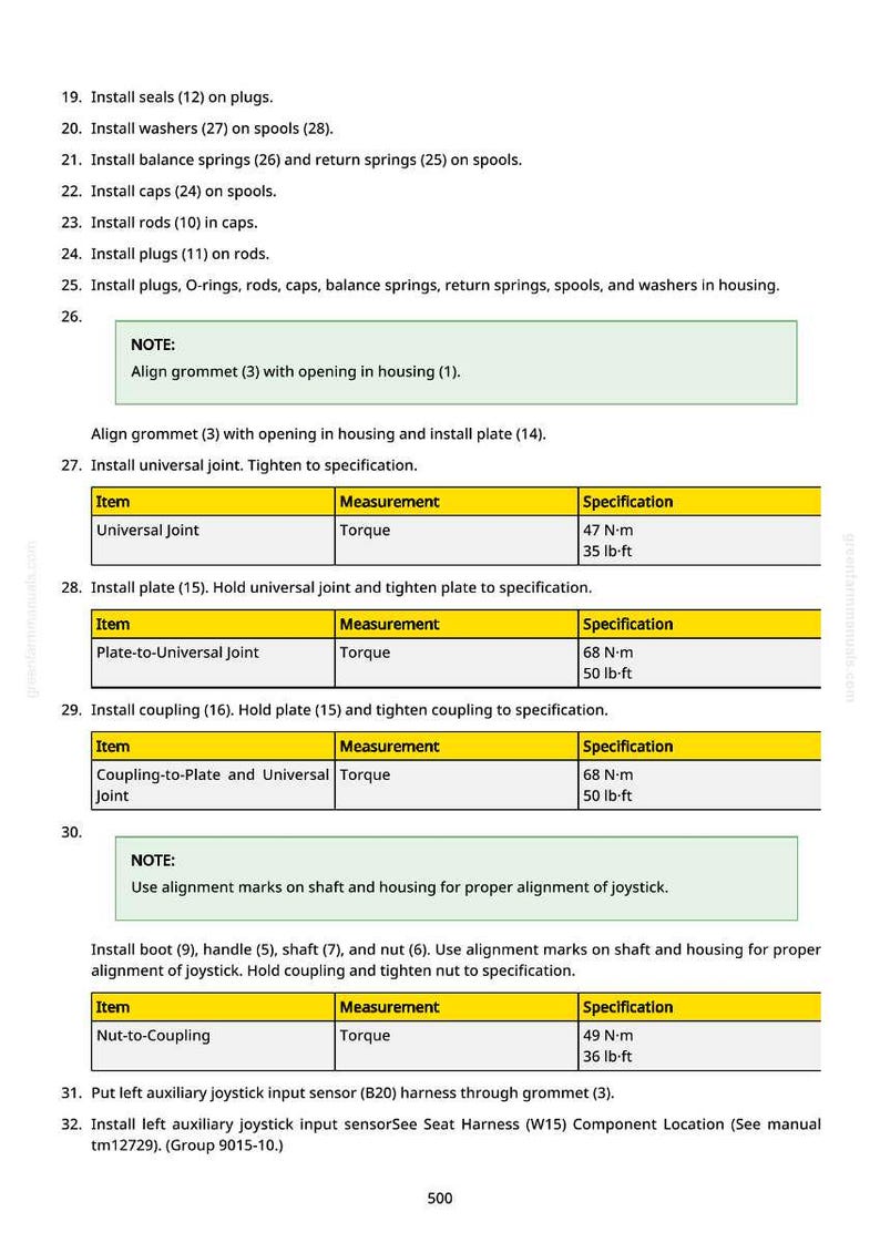 May include: A detailed technical document with numbered instructions and specifications for mechanical assembly. Includes torque measurements in lb-ft and N-m for various components like universal joints and couplings. The document also features notes and diagrams.