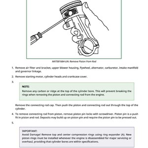 May include: Diagram illustrating the removal of a piston, rings, and rod from an engine. The image includes a detailed drawing of the piston and connecting rod, accompanied by instructions and notes on the procedure.